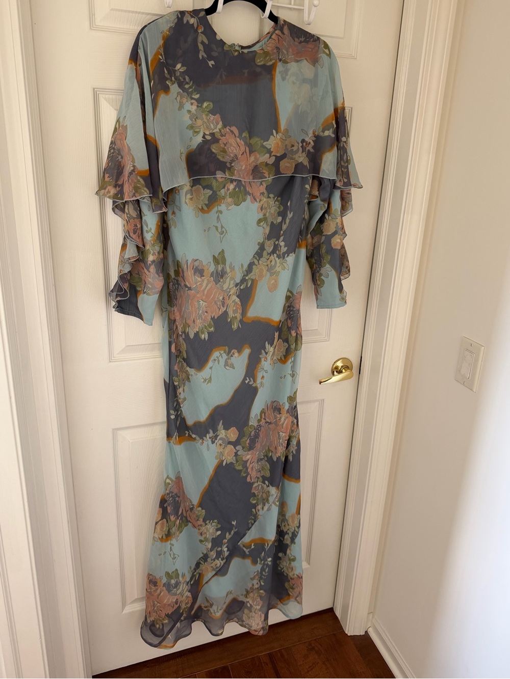 Floral Blue Ruffle Sleeve Cape Long Sleeve Maxi Dress (FULLY LINED)